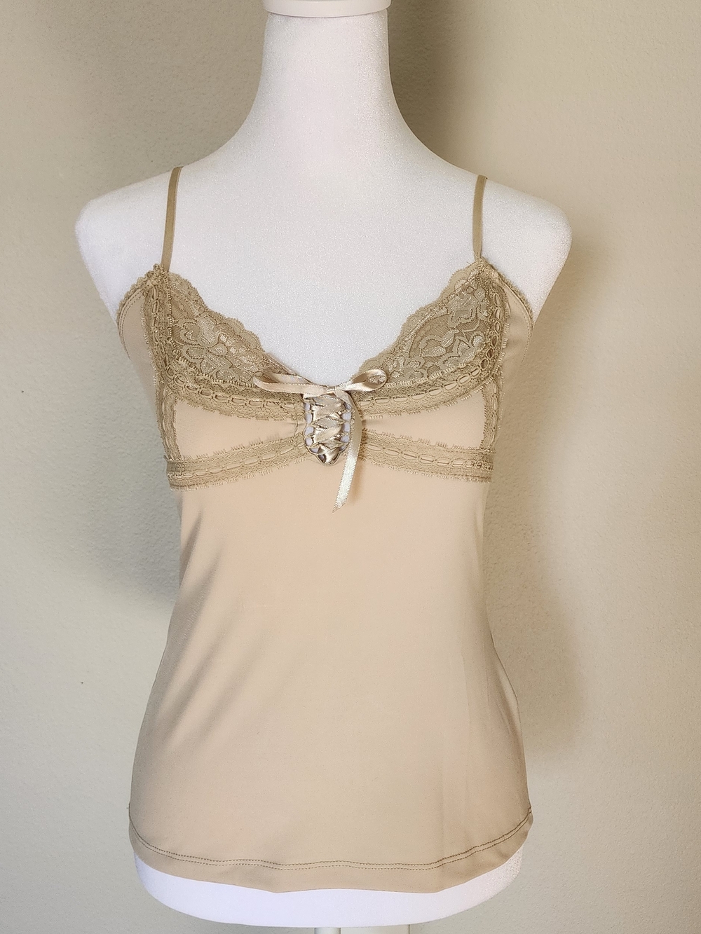 No Boundaries Beige Lace-Trim Camisole with Ribbon Detail